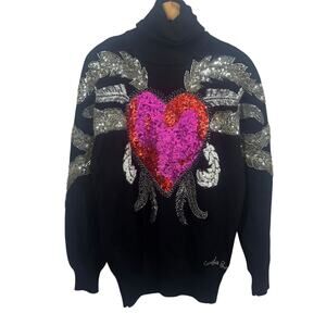 Semplice Sweater Women M Black 100% Wool Sequined Beaded Heart Signed VTG 90's